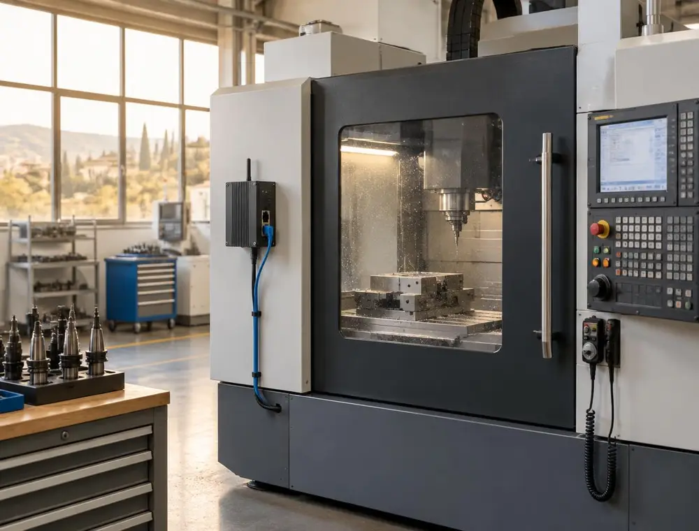 Centro di lavoro CNC in reparto con dispositivo di raccolta dati collegato